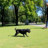 Dog playing in park with person cleaning up waste.