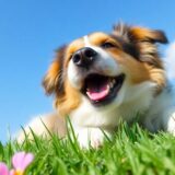 Dog rolling on grass with flowers around it.