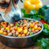 Dog eating kibble from a bowl with vegetables.